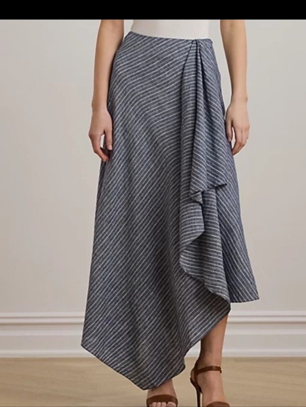 Lauren Ralph Lauren Blue And White Striped 100% Linen Skirt With Ruffle NWT 10 - Picture 13 of 16